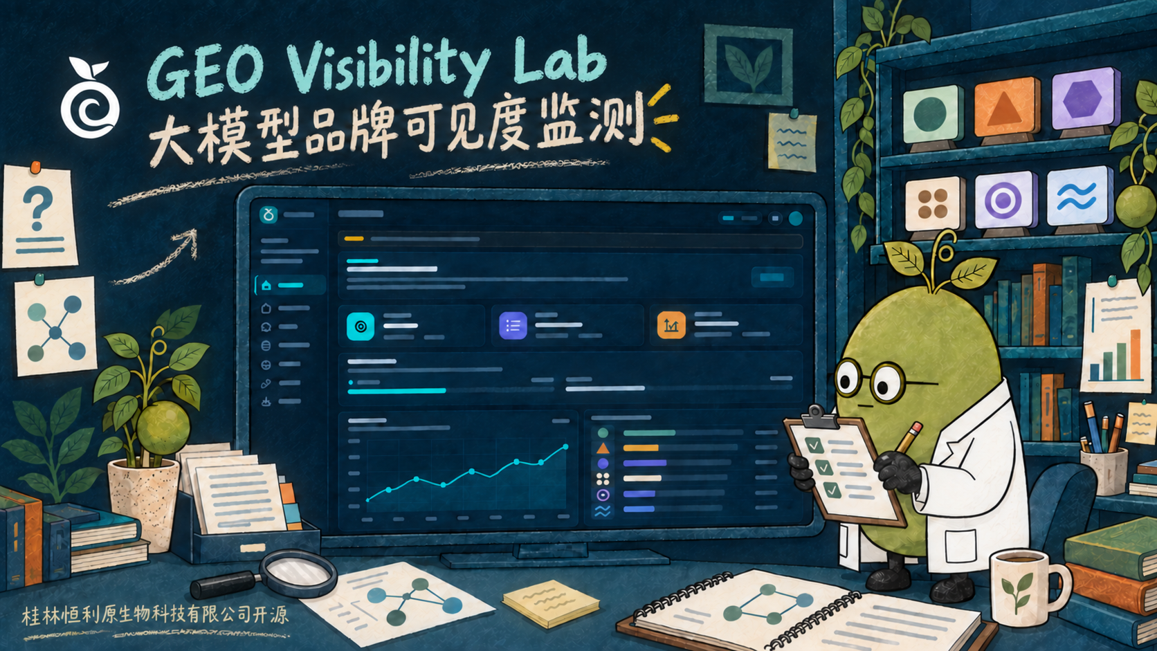 GEO Visibility Lab 项目效果图：罗汉果博士在完整监控工作室中核对品牌提及、排名、引用与趋势